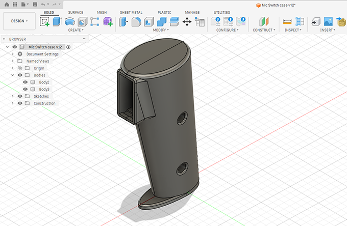 A screen capture of Fusion 360 software showing a 3d model of a PTT switch case